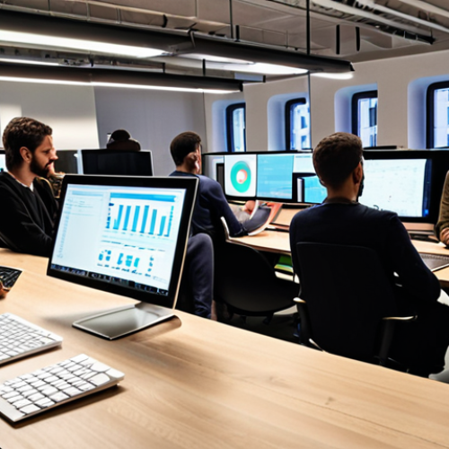 **

Prompt: A modern, open-plan office in Milan. Diverse group of young professionals collaborate on laptops and tablets. In the background, subtle holographic projections display data and AI algorithms. Focus on the optimistic energy and seamless integration of technology with human interaction. Emphasis on stylish Italian design elements. "Lavoro del Futuro" subtly incorporated as a design element.

**