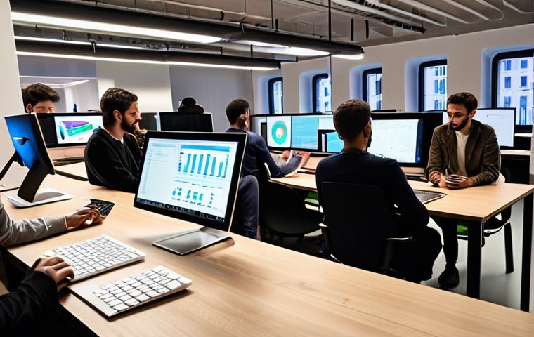 **
Prompt: A modern, open-plan office in Milan. Diverse group of young professionals collaborate on laptops and tablets. In the background, subtle holographic projections display data and AI algorithms. Focus on the optimistic energy and seamless integration of technology with human interaction. Emphasis on stylish Italian design elements. "Lavoro del Futuro" subtly incorporated as a design element.
**