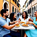 Home 6 **
A group of friends laughing together at an outdoor cafe in Rome, fully clothed in casual, stylish Italian attire. They are sharing a plate of pasta and enjoying Aperol spritzes. Warm, sunny day, cobblestone streets in the background. Safe for work, appropriate content, modest, family-friendly, perfect anatomy, correct proportions, natural pose, well-formed hands, proper finger count, natural body proportions, professional photography, high quality.
**