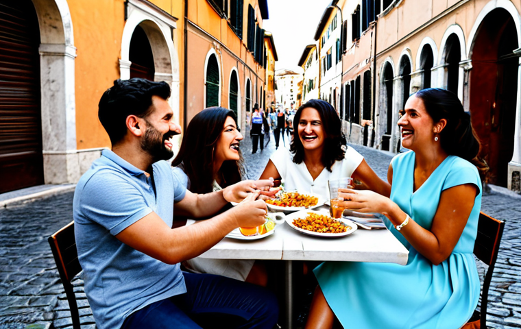 **
A group of friends laughing together at an outdoor cafe in Rome, fully clothed in casual, stylish Italian attire. They are sharing a plate of pasta and enjoying Aperol spritzes. Warm, sunny day, cobblestone streets in the background. Safe for work, appropriate content, modest, family-friendly, perfect anatomy, correct proportions, natural pose, well-formed hands, proper finger count, natural body proportions, professional photography, high quality.
**
