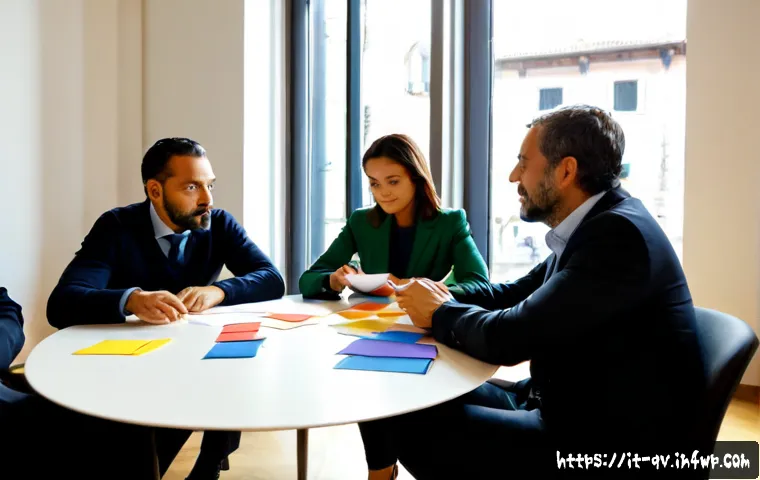 토론 결과 정리 및 피드백 제공법 - Photorealistic Italian workplace meeting, a diverse team of adult colleagues seated around a clean r...